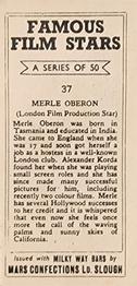 1939 Milky Way Famous Film Stars #37 Merle Oberon Back