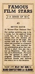 1939 Milky Way Famous Film Stars #43 Bette Davis Back