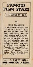 1939 Milky Way Famous Film Stars #44 Joan Blondell Back