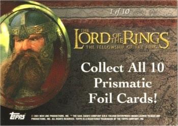 2001 Topps Lord of the Rings: The Fellowship of the Ring - Prismatic Foil #1 Gimli Back