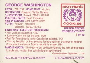 1992 Mother's Cookies U.S. Presidents #1 George Washington Back
