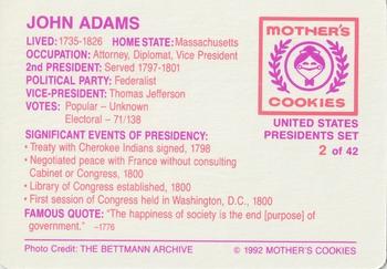 1992 Mother's Cookies U.S. Presidents #2 John Adams Back