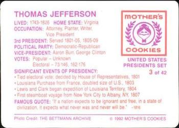1992 Mother's Cookies U.S. Presidents #3 Thomas Jefferson Back