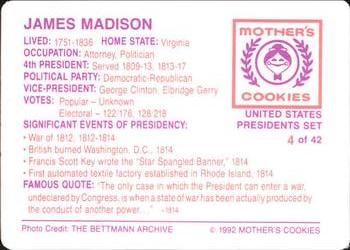 1992 Mother's Cookies U.S. Presidents #4 James Madison Back