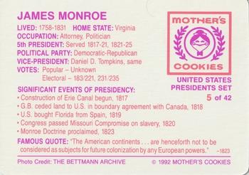 1992 Mother's Cookies U.S. Presidents #5 James Monroe Back