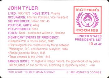 1992 Mother's Cookies U.S. Presidents #10 John Tyler Back