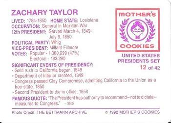1992 Mother's Cookies U.S. Presidents #12 Zachary Taylor Back