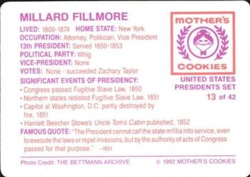 1992 Mother's Cookies U.S. Presidents #13 Millard Fillmore Back