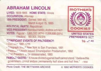 1992 Mother's Cookies U.S. Presidents #16 Abraham Lincoln Back