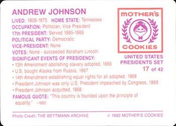 1992 Mother's Cookies U.S. Presidents #17 Andrew Johnson Back