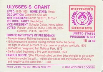 1992 Mother's Cookies U.S. Presidents #18 Ulysses S. Grant Back