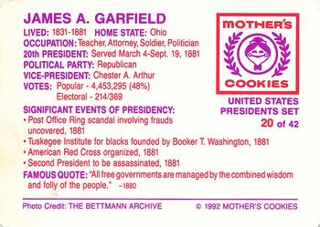 1992 Mother's Cookies U.S. Presidents #20 James A. Garfield Back