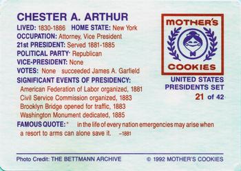 1992 Mother's Cookies U.S. Presidents #21 Chester A. Arthur Back