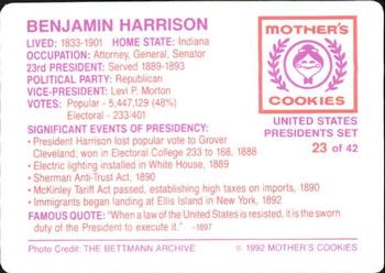 1992 Mother's Cookies U.S. Presidents #23 Benjamin Harrison Back