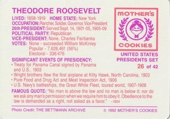 1992 Mother's Cookies U.S. Presidents #26 Theodore Roosevelt Back