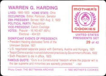 1992 Mother's Cookies U.S. Presidents #29 Warren G. Harding Back