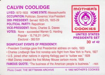 1992 Mother's Cookies U.S. Presidents #30 Calvin Coolidge Back