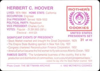 1992 Mother's Cookies U.S. Presidents #31 Herbert C. Hoover Back