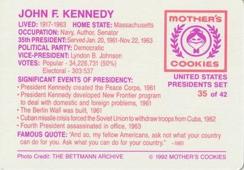 1992 Mother's Cookies U.S. Presidents #35 John F. Kennedy Back
