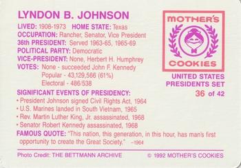 1992 Mother's Cookies U.S. Presidents #36 Lyndon B. Johnson Back