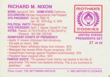 1992 Mother's Cookies U.S. Presidents #37 Richard M. Nixon Back
