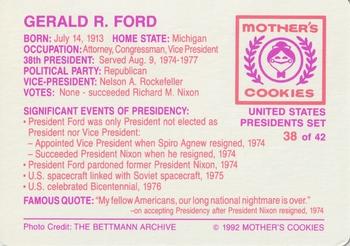 1992 Mother's Cookies U.S. Presidents #38 Gerald R. Ford Back