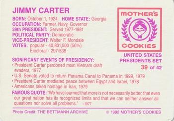 1992 Mother's Cookies U.S. Presidents #39 Jimmy Carter Back
