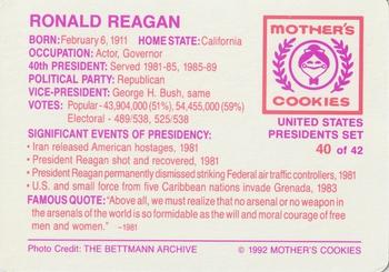1992 Mother's Cookies U.S. Presidents #40 Ronald Reagan Back