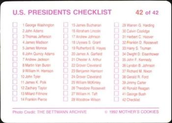 1992 Mother's Cookies U.S. Presidents #42 Checklist Back