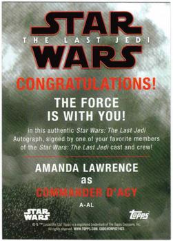 2018 Topps Star Wars The Last Jedi Series 2 - Autographs #NNO Amanda Lawrence Back