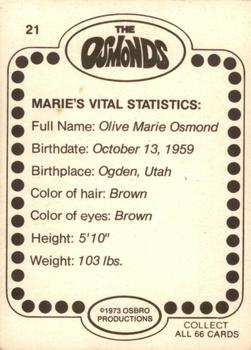 1973 Donruss The Osmonds #21 Marie Osmond Back