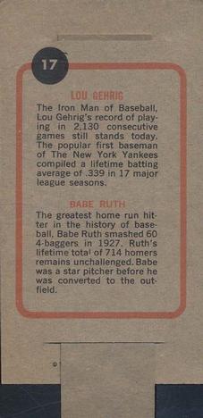 1965 Topps Push Pull #17 Lou Gehrig / Babe Ruth Back
