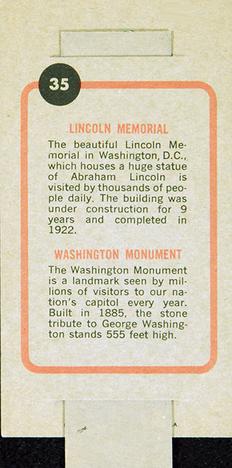 1965 Topps Push Pull #35 Lincoln Memorial / Washington Monument Back