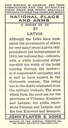 1936 Player's National Flags and Arms #27 Latvia Back