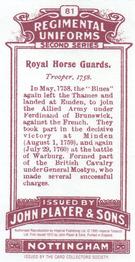 1995 Imperial Publishing 1914 Player's Regimental Uniforms 2nd Series (Reprint) #81 Royal Horse Guards. Trooper, 1758 Back