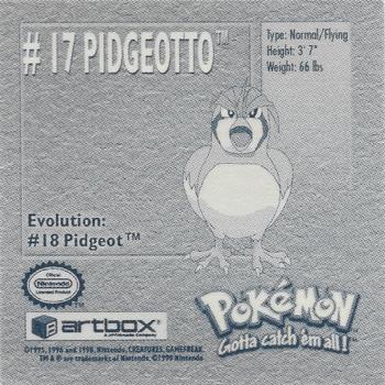 1999 Artbox Pokemon Stickers Series 1 #17 Pidgeotto Back
