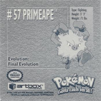 1999 Artbox Pokemon Stickers Series 1 #57 Primeape Back