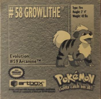 1999 Artbox Pokemon Stickers Series 1 #58 Growlithe Back