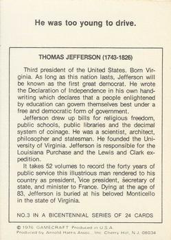 1976 Gamecraft Bicentennial Daze #3 Thomas Jefferson Back