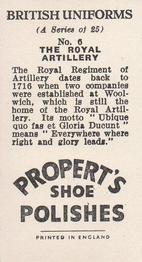 1955 Propert's Shoe Polishes British Uniforms #6 The Royal Artillery Back