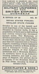 1938 Player's Military Uniforms of The British Empire Overseas #31 Indian States Forces: Gwalior State Forces Back