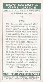 1933 Player's Boy Scout & Girl Guide Patrol Signs & Emblems #13 Owl Back