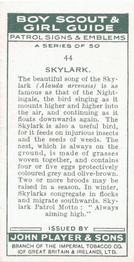 1933 Player's Boy Scout & Girl Guide Patrol Signs & Emblems #44 Skylark Back