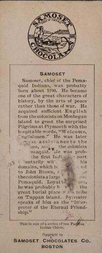 1920 Samoset Chocolates Famous Indian Chiefs #NNO Samoset Back