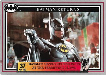 1992 Dynamic Marketing Batman Returns #37 Batman levels his speargun at the terrifying clown Front