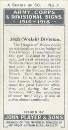 1924 Player's Army Corps & Divisional Signs 1914-1918 #2 38th (Welsh) Division Back