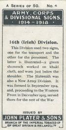 1924 Player's Army Corps & Divisional Signs 1914-1918 #4 16th (Irish) Division Back