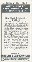 1924 Player's Army Corps & Divisional Signs 1914-1918 #5 42nd (East Lancashire) Division Back
