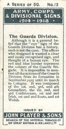 1924 Player's Army Corps & Divisional Signs 1914-1918 #13 The Guards Division Back