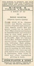 1937 Player's Birds & Their Young #22 Sand Martin Back